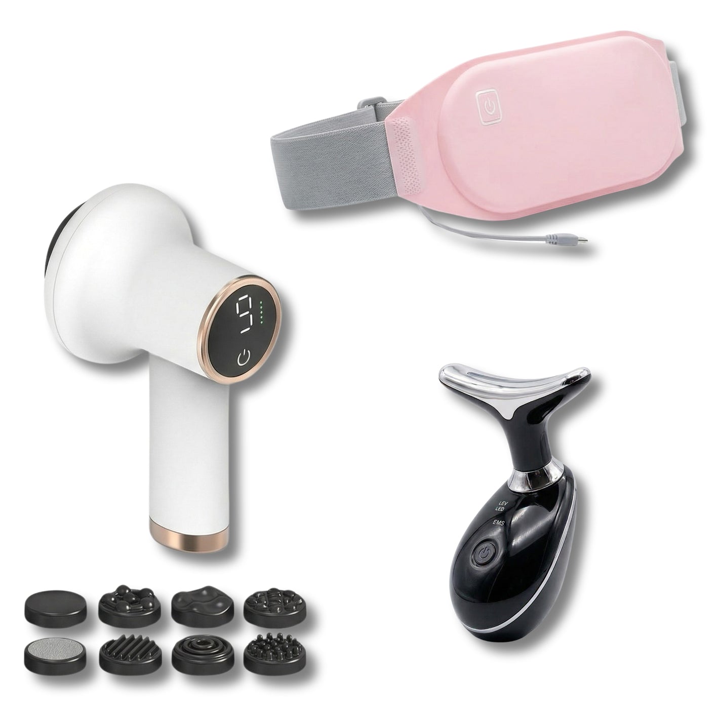 Cofre Luminosidad y Confort Corporal - Cuidado Facial y Cuello + Cinturón Calentador Menstrual + Masajeador Anticelulítico