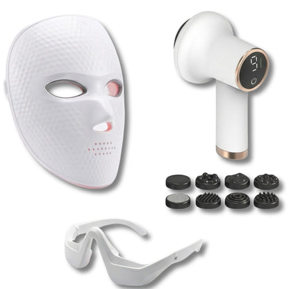 Set Profesional Belleza y Silueta - Máscara facial LED + Máscara de ojos + Masajeador anticelulítico